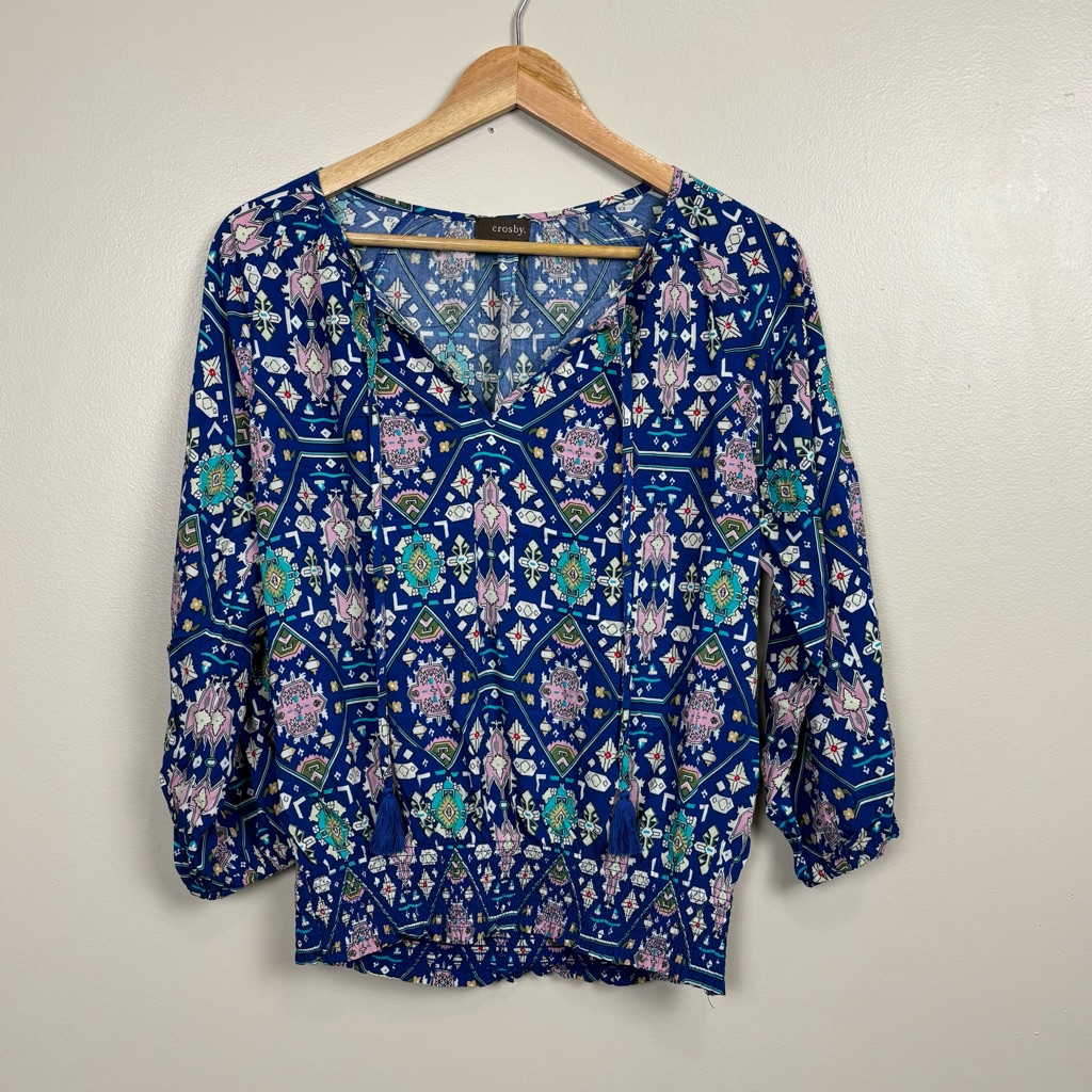 Crosby Top Women Small Blue Geometric Smocked Tie Neck Tassel Pull Over Blouse